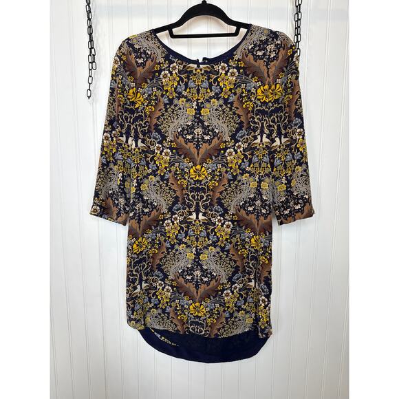 Club Monaco Silk Bird & Floral Print Mini Dress Blue & Tan Summer Womens Size 0 - Picture 1 of 7